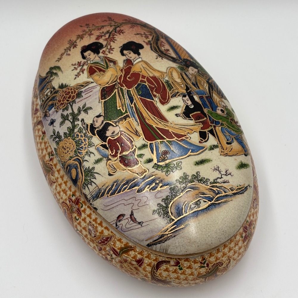 Vintage Satsuma Style Ceramic Oval Trinket Box Geisha Moriage Gold Gilt 10 Inch